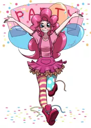 Size: 1500x2100 | Tagged: artist:nyako-shoyu, balloon, clothes, derpibooru import, human, humanized, old banner, one word, pinkie pie, safe, socks, solo, striped socks, suspenders