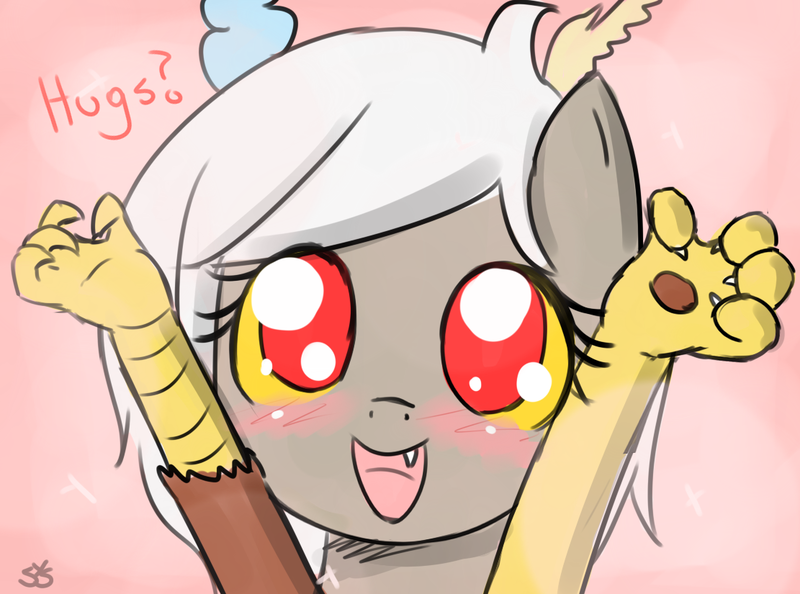 Size: 1111x825 | Tagged: adoreris, artist:speccysy, blushing, bronybait, cute, dead source, derpibooru import, discord, discute, draconequus, eris, female, hug, hug request, incoming hug, open mouth, rule 63, rule63betes, safe, solo