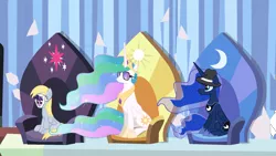 Size: 2048x1152 | Tagged: safe, artist:maxdash, derpibooru import, derpy hooves, princess celestia, princess luna, pegasus, pony, games ponies play, alicorn thrones, costume, disguise, female, hat, hat fortess 2, hilarious in hindsight, mare, mask, spy, sunglasses, team fortress 2, throne, twilight muffins