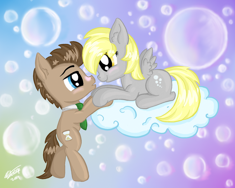 Size: 1024x819 | Tagged: safe, artist:fairydraft, derpibooru import, derpy hooves, doctor whooves, time turner, pegasus, pony, cloud, doctorderpy, female, male, mare, shipping, straight