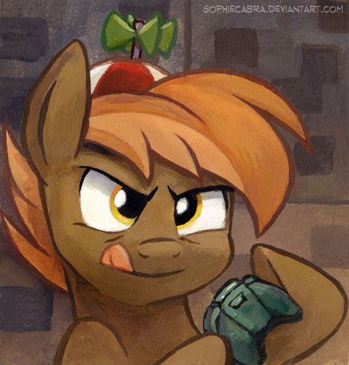 Size: 504x527 | Tagged: safe, artist:kenket, artist:spainfischer, derpibooru import, button mash, earth pony, pony, colt, controller, foal, gaming, hat, hooves, male, portrait, propeller hat, solo, tongue out