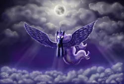 Size: 1024x698 | Tagged: artist:fairydraft, children of the night, cloud, cloudy, derpibooru import, flying, glowing eyes, moon, princess luna, safe, solo, stars