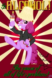 Size: 500x750 | Tagged: alcohol, artist:aerialift, berry punch, berryshine, derpibooru import, digital art, drunk, hat, lampshade, lampshade hat, safe, solo