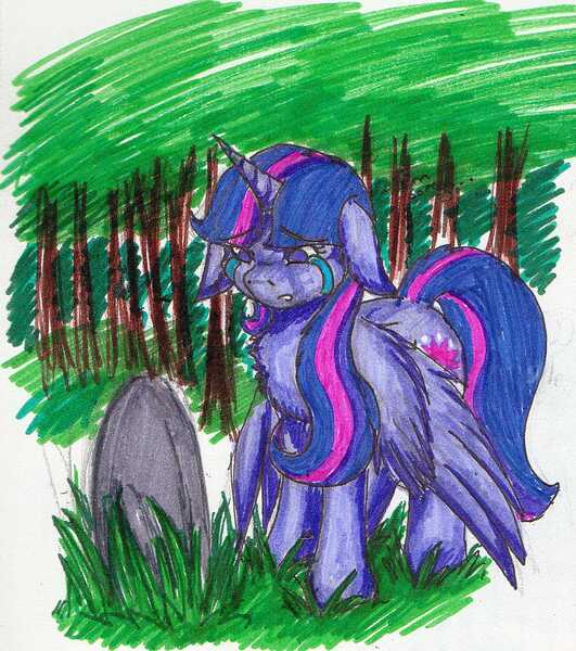 Size: 1297x1466 | Tagged: safe, artist:nekotigerfire, derpibooru import, twilight sparkle, twilight sparkle (alicorn), alicorn, pony, crying, female, gravestone, immortality blues, mare, solo, traditional art