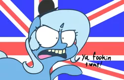 Size: 700x454 | Tagged: safe, artist:peanutbutter, derpibooru import, trixie, pony, unicorn, bowler hat, british, crooked teeth, dialogue, female, hat, mare, muttonchops, solo, teeth, union jack, vulgar, yellow teeth