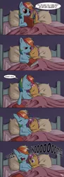 Size: 1200x3298 | Tagged: safe, artist:brainsucks, derpibooru import, daring do, rainbow dash, scootaloo, pegasus, pony, bed, book, comic, dialogue, eyes closed, female, filly, heart, mare, mood whiplash, open mouth, scootalove, sleeping, smiling, snoring