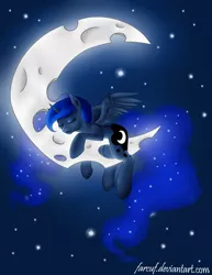 Size: 784x1018 | Tagged: alicorn, artist:farcuf, crescent moon, derpibooru import, ethereal mane, moon, princess luna, safe, sleeping, solo, starry mane, starry night, tangible heavenly object, transparent moon