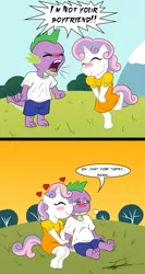 Size: 1700x3200 | Tagged: safe, artist:beowulf100, derpibooru import, spike, sweetie belle, anthro, unguligrade anthro, :t, barefoot, blush sticker, blushing, clothes, comic, cute, eyes closed, feet, female, frown, grass, heart, holding hands, male, nuzzling, shipping, sitting, smiling, spikebelle, straight, sweat, tsundere, underhoof, wavy mouth, yelling