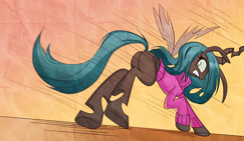 Size: 1280x739 | Tagged: artist:jokerpony, ask teen chrysalis, bugbutt, clothes, derpibooru import, plot, queen chrysalis, safe, solo, sweater