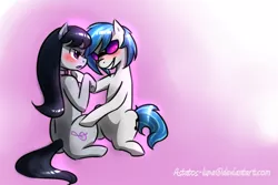 Size: 1024x683 | Tagged: safe, artist:astatos-luna, derpibooru import, octavia melody, vinyl scratch, blushing, female, lesbian, scratchtavia, shipping