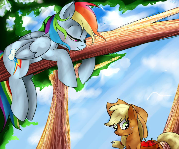 Size: 3000x2500 | Tagged: safe, artist:misspolycysticovary, derpibooru import, applejack, rainbow dash, appledash, bedroom eyes, female, lesbian, shipping, shy, tree