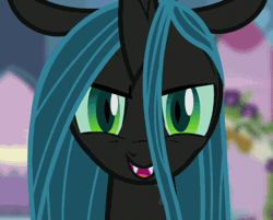 Size: 586x470 | Tagged: a canterlot wedding, animated, changeling, changeling queen, close-up, derpibooru import, evil grin, female, grin, lidded eyes, looking at you, open mouth, out of context, queen chrysalis, rapeface, reverse loop, safe, screencap, smiling, solo