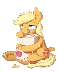 Size: 1325x1625 | Tagged: safe, artist:alasou, deleted from derpibooru, derpibooru import, applejack, applesauce, appletini, ear fluff, fluffy, hatless, hug, licking lips, messy, messy eating, missing accessory, simple background, smiling, solo, spoon, that pony sure does love apples, tongue out, transparent background