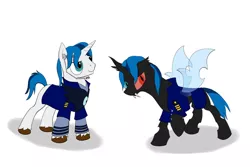 Size: 1024x683 | Tagged: safe, artist:theandymac, derpibooru import, oc, oc:morning star, unofficial characters only, changeling, pony, unicorn, blue changeling, clothes, headset, heterochromia, navy, solo, uniform