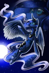 Size: 1280x1920 | Tagged: artist:skyrore1999, derpibooru import, flying, looking up, lunabotic, moon, night, princess luna, robot, safe, solo