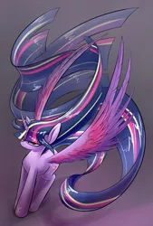 Size: 1181x1748 | Tagged: safe, derpibooru import, twilight sparkle, twilight sparkle (alicorn), alicorn, pony, bedroom eyes, curved horn, female, long mane, long tail, looking at you, mare, rainbow power, simple background, smiling, solo, spread wings, windswept mane