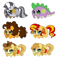 Size: 1600x1634 | Tagged: safe, artist:linamomoko, derpibooru import, braeburn, cheese sandwich, spike, sunset shimmer, zecora, pony, unicorn, zebra, chibi, potato, simple background, transparent background