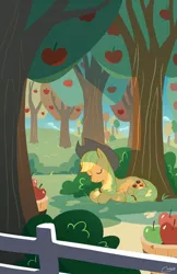 Size: 880x1360 | Tagged: safe, artist:aluhnim, derpibooru import, applejack, apple, apple tree, eyes closed, orchard, prone, solo, tree