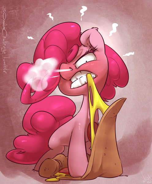 Size: 1240x1500 | Tagged: safe, artist:atryl, derpibooru import, pinkie pie, earth pony, pony, 30 minute art challenge, angry, biting, ear fluff, female, food, mare, pizza, shrunken pupils, signature, snorting, solo