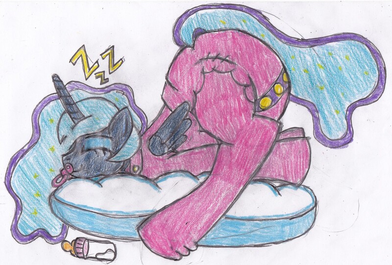 Size: 1280x864 | Tagged: adult foal, artist:cuddlelamb, bottle, diaper, diaper fetish, face down ass up, female, footed sleeper, pacifier, poofy diaper, princess luna, questionable, sleeping, solo, solo female, traditional art, zzz