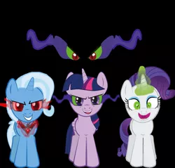 Size: 838x800 | Tagged: safe, artist:raggyrabbit94, derpibooru import, king sombra, rarity, trixie, twilight sparkle, twilight sparkle (alicorn), alicorn, pony, umbrum, alicorn amulet, corrupted, evil grin, female, hypnosis edit, inspirarity, join us, mare, sombra eyes