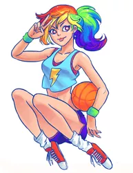 Size: 800x1035 | Tagged: artist:s00shee, basketball, bra, clothes, converse, derpibooru import, ear piercing, earring, human, humanized, jewelry, midriff, peace sign, piercing, rainbow dash, safe, shoes, shorts, solo, sports shorts, underwear