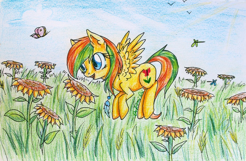 Size: 3978x2599 | Tagged: safe, artist:0okami-0ni, derpibooru import, oc, unofficial characters only, butterfly, solo, sunflower, traditional art