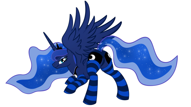 Size: 5000x2812 | Tagged: suggestive, artist:illuminatiums, derpibooru import, princess luna, alicorn, pony, absurd resolution, bedroom eyes, blue underwear, clothes, face down ass up, featureless crotch, female, looking at you, looking back, mare, moonbutt, panties, plot, show accurate, show accurate porn, simple background, smiling, socks, solo, solo female, spread wings, stockings, striped socks, thigh highs, transparent background, underwear, vector, wingboner, wings