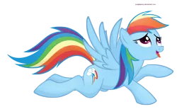 Size: 7181x4431 | Tagged: safe, artist:illuminatiums, derpibooru import, rainbow dash, pegasus, pony, absurd resolution, aroused, female, hooves, looking up, mare, open mouth, prone, show accurate, show accurate porn, simple background, solo, spread wings, tongue out, transparent background, vector, wings