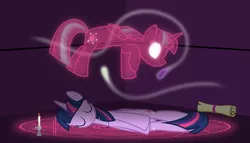Size: 11200x6400 | Tagged: safe, artist:parclytaxel, derpibooru import, twilight sparkle, twilight sparkle (alicorn), alicorn, ghost, pony, .svg available, absurd resolution, astral projection, both cutie marks, candle, constructed language, eyes closed, female, glowing eyes, kezuasoka, magic, magic circle, mare, necklace, parody, pseton, runes, scroll, see-through, side, smiling, solo, vector