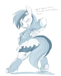 Size: 600x743 | Tagged: safe, artist:wolhim, derpibooru import, rainbow dash, pegasus, pony, bipedal, clothes, equestria girls outfit, female, hairclip, mare, monochrome, one eye closed, pixiv, shoes, simple background, skirt, sneakers, solo, text, white background, wink, wondercolts