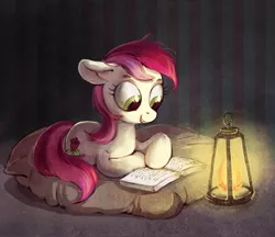 Size: 1500x1293 | Tagged: safe, artist:lis-alis, derpibooru import, roseluck, earth pony, pony, book, cute, female, lantern, looking at something, mare, open mouth, prone, reading, smiling, solo