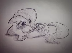 Size: 1411x1058 | Tagged: artist:pw211, cute, depressed, fluttershy, monochrome, safe, shyabetes, sketch, solo, traditional art