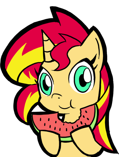 Size: 716x947 | Tagged: safe, artist:rvceric, derpibooru import, sunset shimmer, pony, unicorn, cute, eating, shimmerbetes, simple background, solo, watermelon, white background