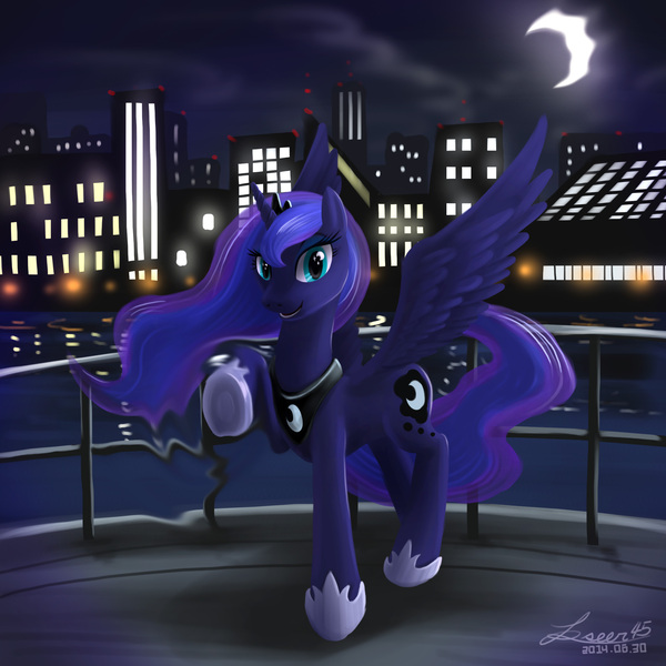 Size: 2480x2480 | Tagged: safe, artist:seer45, derpibooru import, princess luna, alicorn, pony, city, cityscape, crescent moon, dream, dream walker luna, female, looking at you, mare, moon, night, raised hoof, smiling, solo, spread wings, water, wings