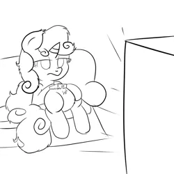 Size: 1000x1000 | Tagged: safe, artist:schizophrenicghost, derpibooru import, sweetie belle, bored, couch, lineart, monochrome, remote, solo, television