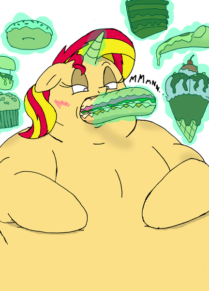 Size: 1680x2336 | Tagged: artist:americananomaly, belly, big belly, blushing, burger, cake, chubby cheeks, deepthroat, derpibooru import, donut, double chin, eating, fat, female, food, growth, hay burger, hungry, ice cream, ice cream cone, impossibly large belly, kitchen eyes, magic, morbidly obese, muffin, mutation, nom, obese, philly cheesesteak, pizza, sammich, sandwich, shimmerzilla, slobset shimmer, solo, solo female, suggestive, sunset shimmer, telekinesis, this will end in heartburn, weight gain