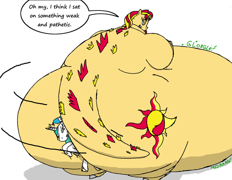 Size: 2184x1696 | Tagged: questionable, artist:americananomaly, derpibooru import, princess celestia, sunset shimmer, kaiju, pony, ass, belly, big belly, bipedal, bunset shimmer, chubby cheeks, claws, fat, gloating, godzilla (series), godzilla spines, growth, huge butt, impossibly large belly, impossibly large butt, kaijufied, large butt, morbidly obese, mutation, obese, plot, scales, shimmerzilla, sitting on pony, slobset shimmer, squished, stomach noise, tail, tail wag, the ass was fat, thunder thighs, vengeance, weight gain