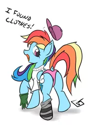 Size: 1536x2048 | Tagged: artist:billysan727, baseball cap, clothes, derpibooru import, dock, gloves, hat, panties, plot, rainbow dash, rainbow dash always dresses in style, shirt, socks, solo, striped socks, suggestive, underwear