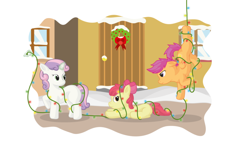 Size: 2408x1539 | Tagged: apple bloom, artist:kukotte, christmas lights, cutie mark crusaders, derpibooru import, safe, scootaloo, sweetie belle, tree sap and pine needles