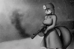 Size: 1920x1280 | Tagged: anthro, artist:devs-iratvs, big breasts, breasts, clothes, female, grayscale, gun, monochrome, octavia melody, ppsh-41, safe, snow, snowfall, solo, soviet, weapon, world war ii