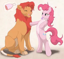 Size: 950x871 | Tagged: suggestive, artist:z-lion, derpibooru import, pinkie pie, oc, oc:leon, big cat, lion, pony, bedroom eyes, bipedal, carnivore, chest fluff, condom, female, food, food chain, heart, herbivore vs carnivore, imminent vore, kitchen eyes, male, meat, mouth hold, non-mlp oc, pale belly, predator, prey, straight