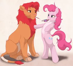 Size: 950x871 | Tagged: safe, artist:z-lion, derpibooru import, pinkie pie, oc, oc:leon, big cat, lion, pony, bedroom eyes, belly button, bipedal, bodypaint, canon x oc, chest fluff, cute, diapinkes, fluffy, grin, mouth hold, non-mlp oc, paint, paintbrush, painting, pale belly, palette, shipping, smiling