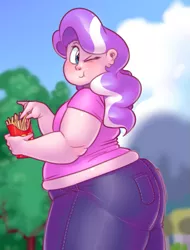 Size: 527x695 | Tagged: suggestive, artist:secretgoombaman12345, derpibooru import, diamond tiara, human, ask chubby diamond, bbw, butt, chubby, diamond buttiara, diamond thighara, fat, french fries, humanized, image, muffin top, png, product placement, solo, wink