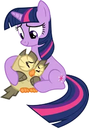 Size: 2443x3509 | Tagged: safe, artist:porygon2z, derpibooru import, owlowiscious, twilight sparkle, bird, owl, pony, unicorn, duo, eyes closed, female, hug, mama twilight, mare, simple background, transparent background, unicorn twilight, vector