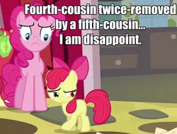 Size: 527x400 | Tagged: safe, derpibooru import, apple bloom, big macintosh, pinkie pie, earth pony, pony, pinkie apple pie, i am disappoint, image macro, male, meme, stallion