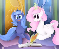 Size: 1024x844 | Tagged: artist:celestial-voyager, book, castle of the royal pony sisters, cute, derpibooru import, happy, journal, journal of the two sisters, levitation, magic, open mouth, pillow, pink-mane celestia, princess celestia, princess luna, prone, quill, s1 luna, safe, sitting, smiling, telekinesis, writing, younger