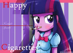 Size: 1333x959 | Tagged: safe, artist:the-butch-x, derpibooru import, twilight sparkle, equestria girls, cigarette, derpibooru discusses the health issues of drugs, fingernails, nail polish, purple eyes, purple hair, smoking, solo