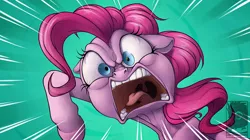 Size: 1200x674 | Tagged: safe, artist:japandragon, derpibooru import, pinkie pie, earth pony, pony, pinkie pride, angry, faic, female, floppy ears, mare, open mouth, rage, redraw, scene interpretation, screenshot redraw, solo, tongue out, uvula