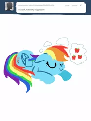 Size: 500x667 | Tagged: applejack, ask, cutie mark, derpibooru import, dream, eyes closed, floppy ears, implied appledash, prone, rainbow dash, rainbowdashtellsitlikeitis, safe, sleeping, smiling, thought bubble, tumblr